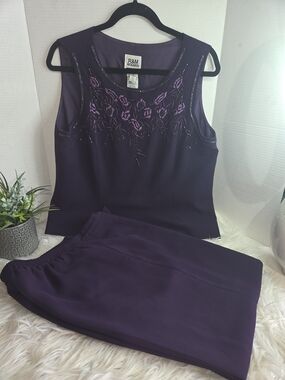 Y2K Vintage R&M Richards Purple/Plum Embroidered Beaded Two-Piece Set, Size 14